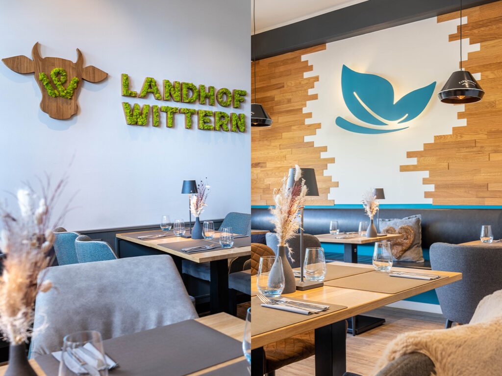 Innengestaltung Mossbuchstaben und leuchtendes Logo für Immersatt